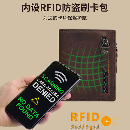 Genuine Leather Classic Retro Short Wallet Men's Bag with Tracker Leather Case Multifunctional Crazy Horse Leather Business Wallet Men