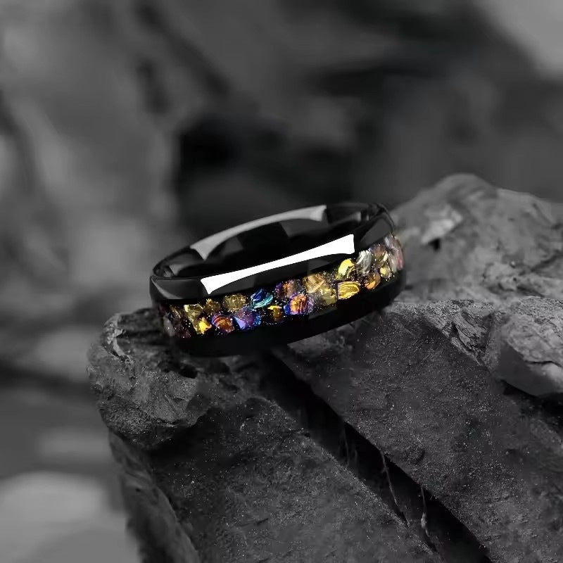 Cross-border explosions stainless steel ring three slot inlaid obsidian high sense of niche ring in stock a batch