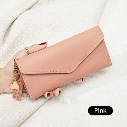 Korean Style Simple Three-fold Women's Long Wallet Fashionable Tassel Pendant Clutch Small Group Portable Multi-functional Coin Purse