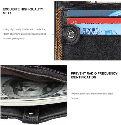 Crazy Horse Cowhide Men's Wallet RFID Anti-theft Brush Cowhide Short Men's Ticket Clip Wallet Double Zipper Coin Purse