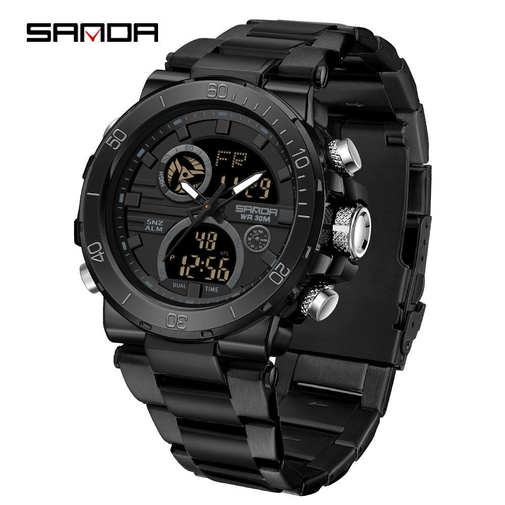 Sanda foreign trade best selling electronic watch fashion business steel band luminous wrist watch multi-functional dual display men's watch wholesale