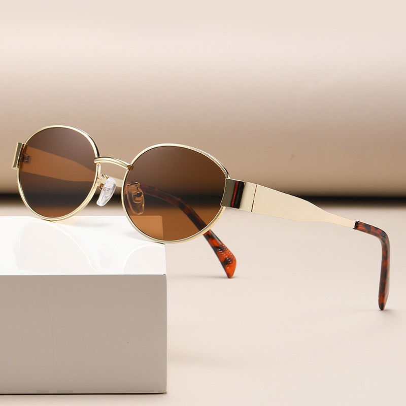 New Metal Oval Sunscreen Sunglasses Cross-Mirror European and American Ins Xiaohongshu Same Style Sunglasses Amazon Hot Selling