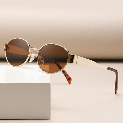 New Metal Oval Sunscreen Sunglasses Cross-Mirror European and American Ins Xiaohongshu Same Style Sunglasses Amazon Hot Selling