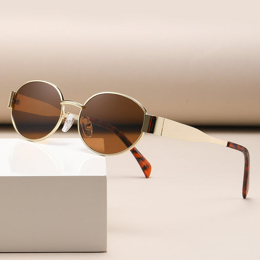 New Metal Oval Sunscreen Sunglasses Cross-Mirror European and American Ins Xiaohongshu Same Style Sunglasses Amazon Hot Selling