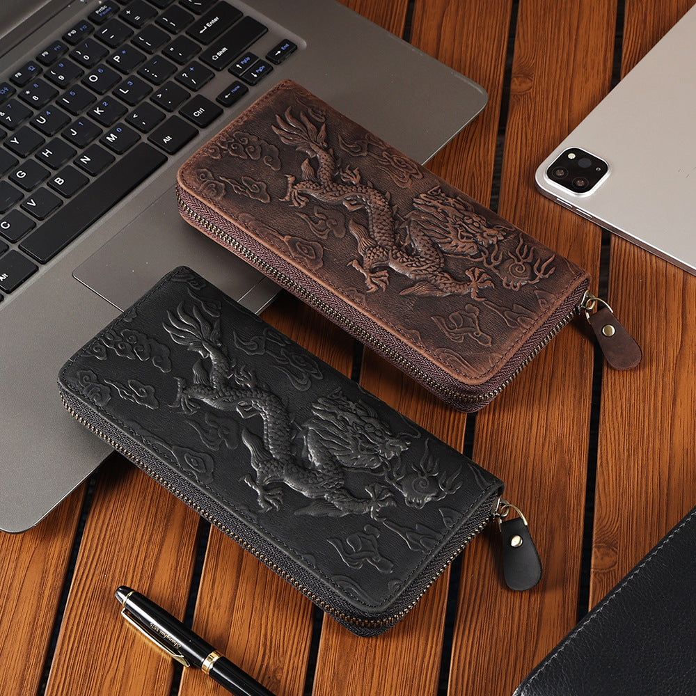 Crazy Horse Leather National Trend Long Wallet Men's Large Capacity Zipper Clutch Genuine Leather Retro Style Men's Wallet Card Holder
