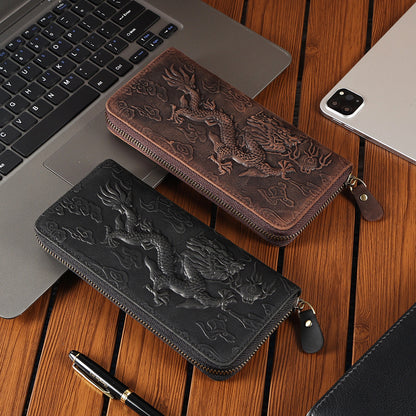 Crazy Horse Leather National Trend Long Wallet Men's Large Capacity Zipper Clutch Genuine Leather Retro Style Men's Wallet Card Holder