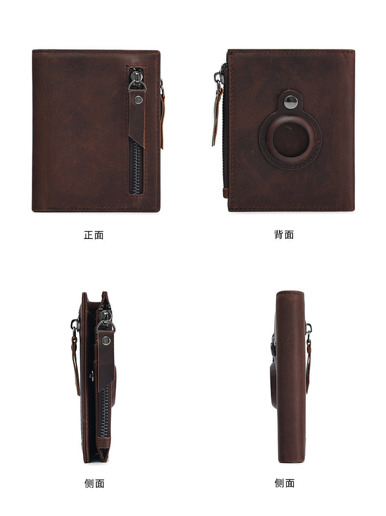 Genuine Leather Classic Retro Short Wallet Men's Bag with Tracker Leather Case Multifunctional Crazy Horse Leather Business Wallet Men