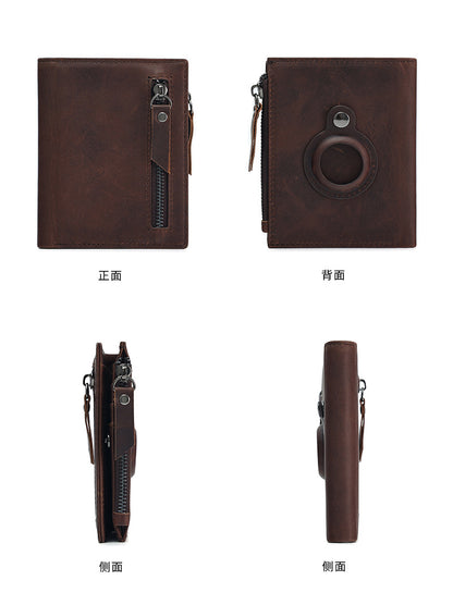 Genuine Leather Classic Retro Short Wallet Men's Bag with Tracker Leather Case Multifunctional Crazy Horse Leather Business Wallet Men