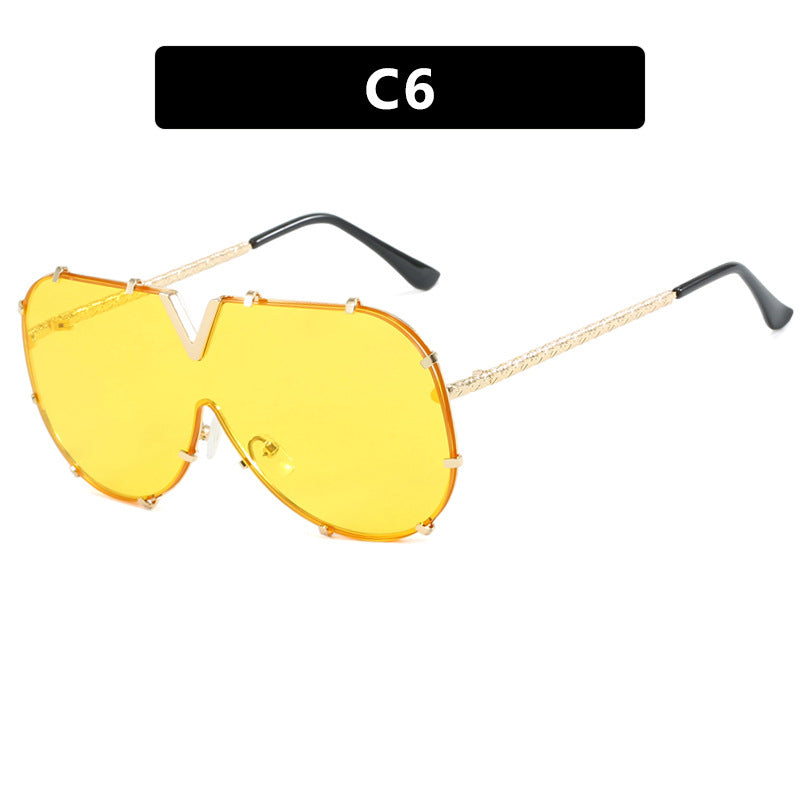Fashion Metal One-Piece Sunglasses 2024 New Cross-Border European and American V Large Frame Sunglasses Ins Internet Celebrity Sunglasses