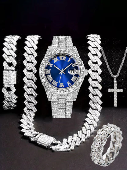 Hiphop Hip Hop Diamond Watch Five-Piece Diamond Cuban Chain Cross Necklace Cuban Ring Cross Border Wholesale