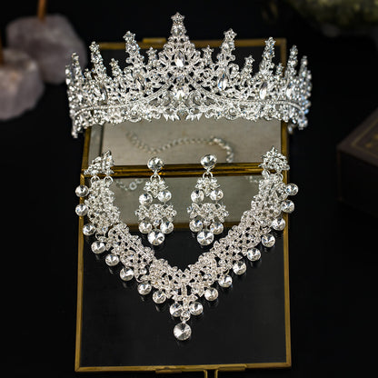 European and American Bride Jewelry Three-piece Suit High-class Dance Wedding Jewelry Alloy Diamond Crown Necklace Earrings suit