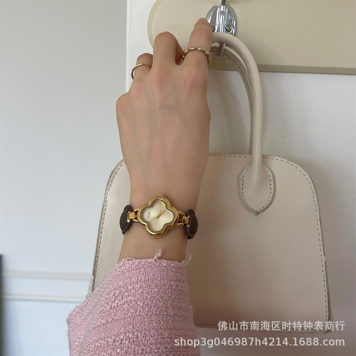 IEKE Fashion Light Luxury Four-leaf Clover Small Chanel Style Leather Bracelet Watch Women's Wristwatch High-end Light Luxury Internet Celebrity Hair