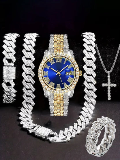 Hiphop Hip Hop Diamond Watch Five-Piece Diamond Cuban Chain Cross Necklace Cuban Ring Cross Border Wholesale