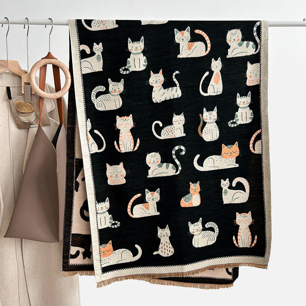 Sweet Cartoon Double-sided Cute Kitten Cashmere Scarf Women's Fashion All-match Thickened Winter Warm Neck Shawl