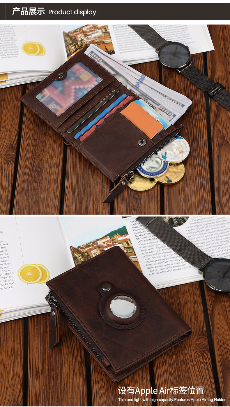 Genuine Leather Classic Retro Short Wallet Men's Bag with Tracker Leather Case Multifunctional Crazy Horse Leather Business Wallet Men