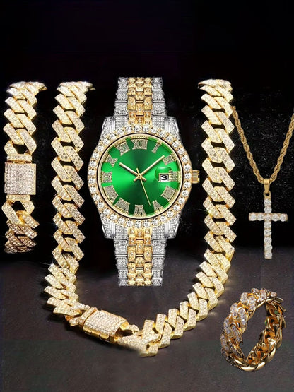 Hiphop Hip Hop Diamond Watch Five-Piece Diamond Cuban Chain Cross Necklace Cuban Ring Cross Border Wholesale