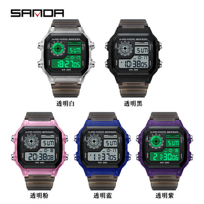 Sanda Hot-selling Square Watch Luminous Waterproof Alarm Student Watch Simple Korean Transparent Sports Electronic Watch