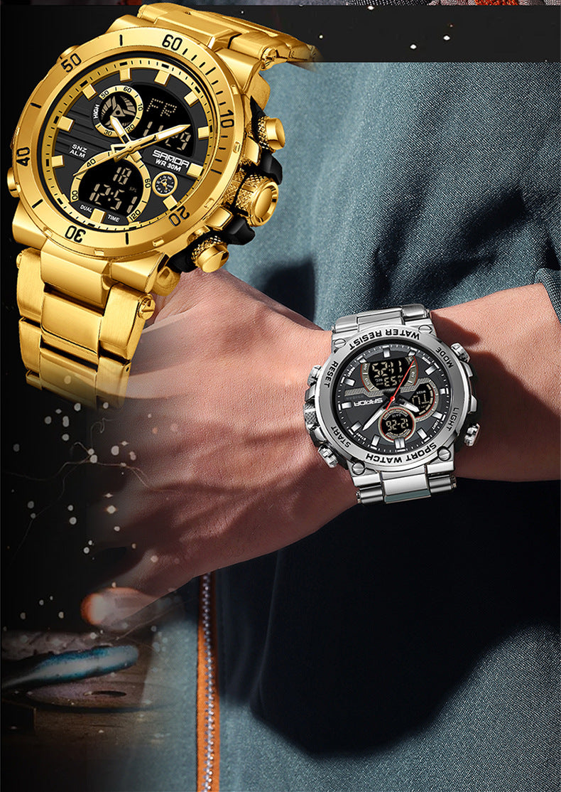 Sanda foreign trade best selling electronic watch fashion business steel band luminous wrist watch multi-functional dual display men's watch wholesale