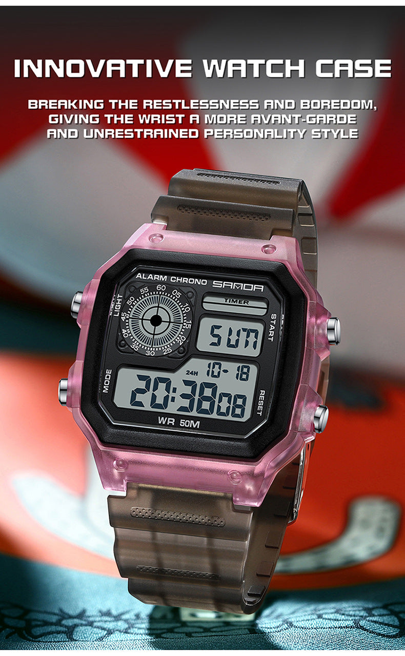 Sanda Hot-selling Square Watch Luminous Waterproof Alarm Student Watch Simple Korean Transparent Sports Electronic Watch