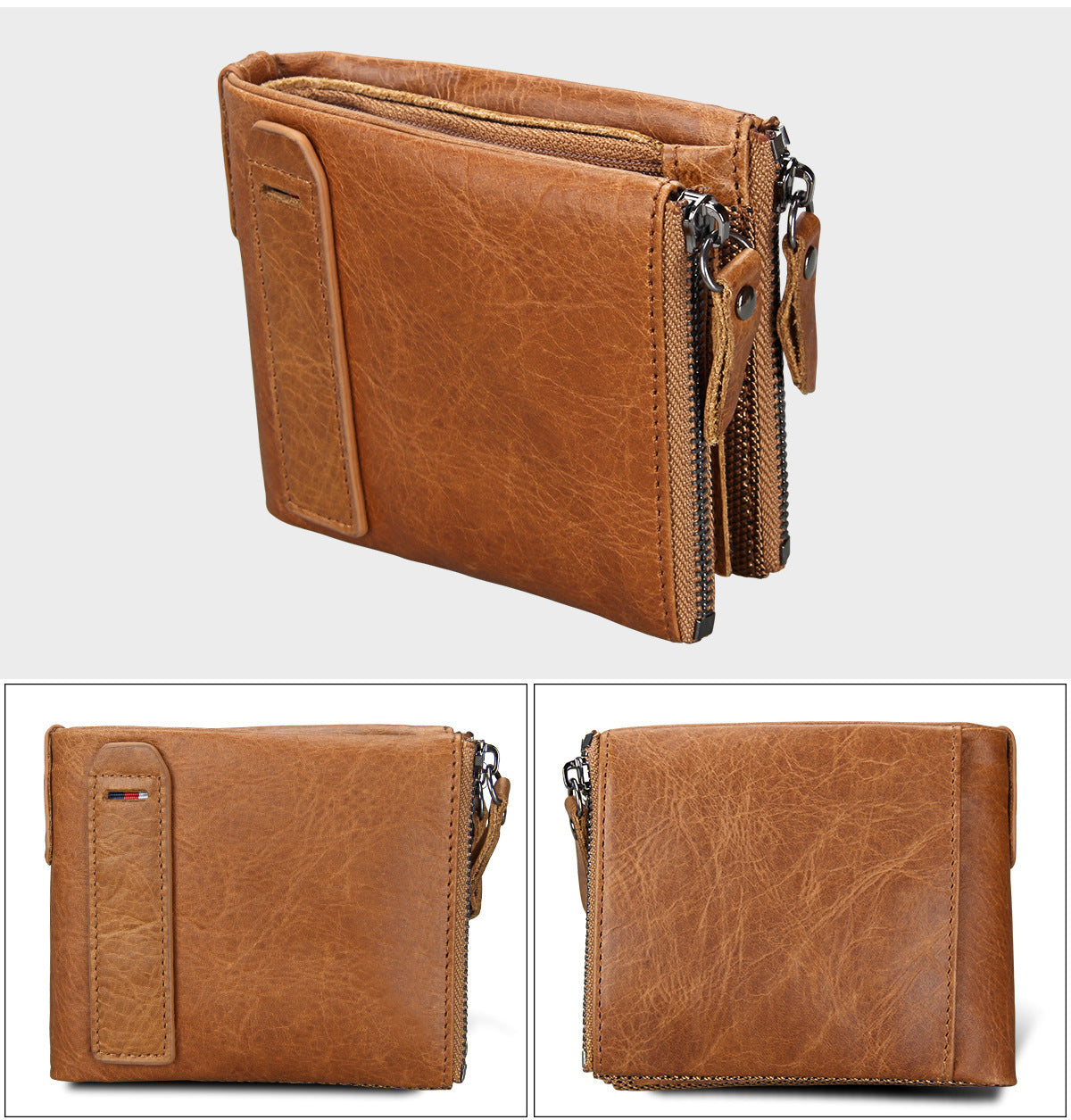 Crazy Horse Cowhide Men's Wallet RFID Anti-theft Brush Cowhide Short Men's Ticket Clip Wallet Double Zipper Coin Purse