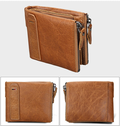 Crazy Horse Cowhide Men's Wallet RFID Anti-theft Brush Cowhide Short Men's Ticket Clip Wallet Double Zipper Coin Purse