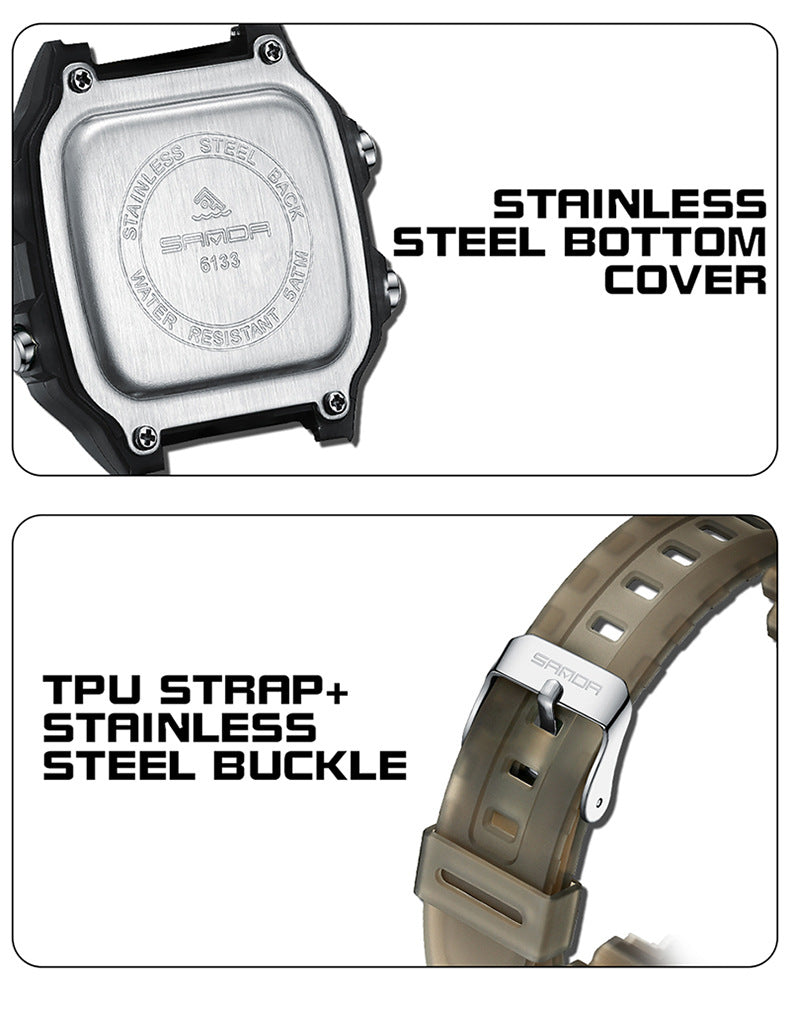 Sanda Hot-selling Square Watch Luminous Waterproof Alarm Student Watch Simple Korean Transparent Sports Electronic Watch