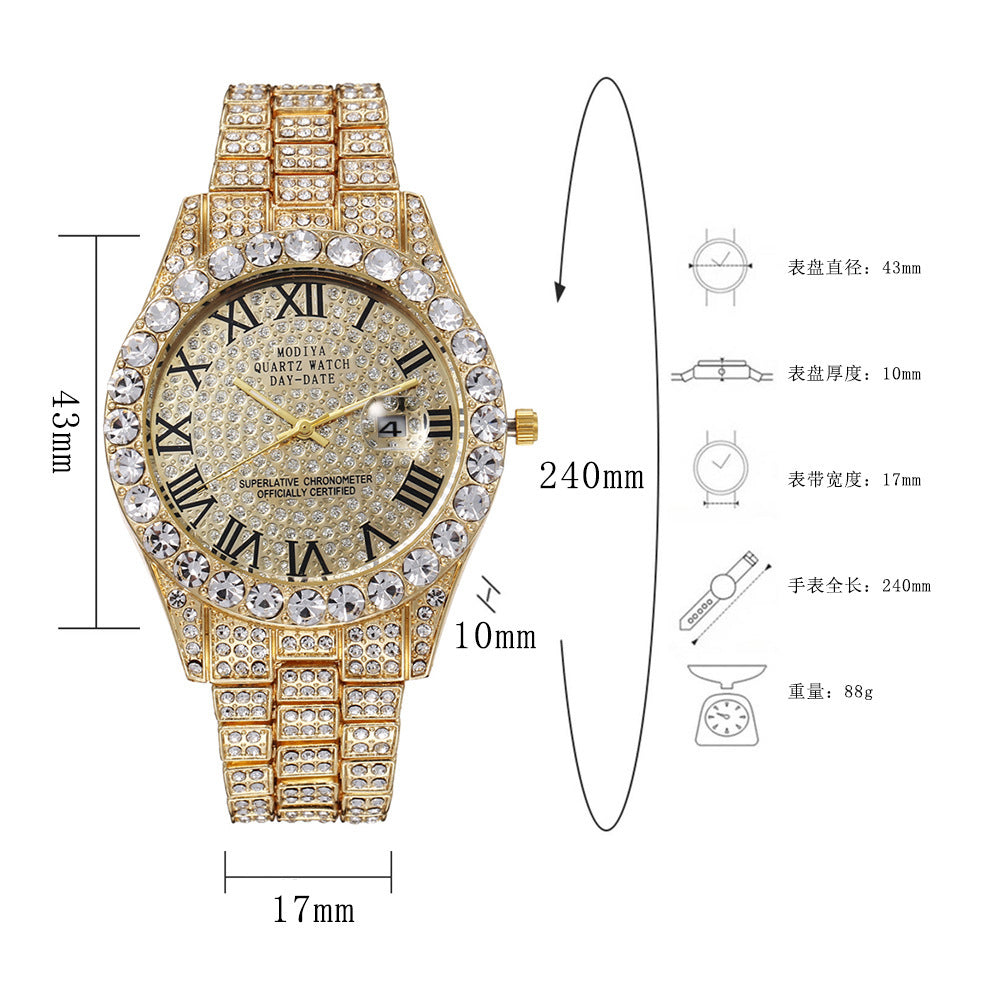 Hiphop Hip Hop Diamond Watch Five-Piece Diamond Cuban Chain Cross Necklace Cuban Ring Cross Border Wholesale
