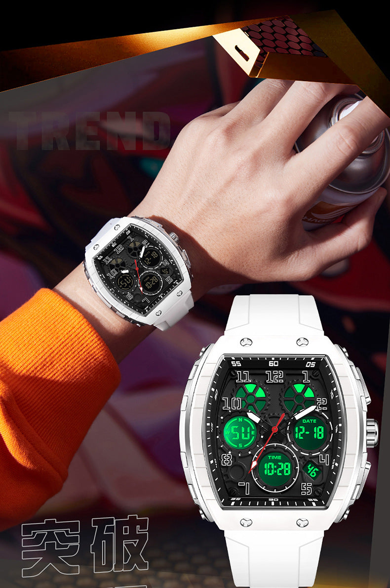 Ofns Fashion Watch Sports Waterproof Watch Barrel-Shaped Multi-Function Luminous Dual-Time Student Digital Watch