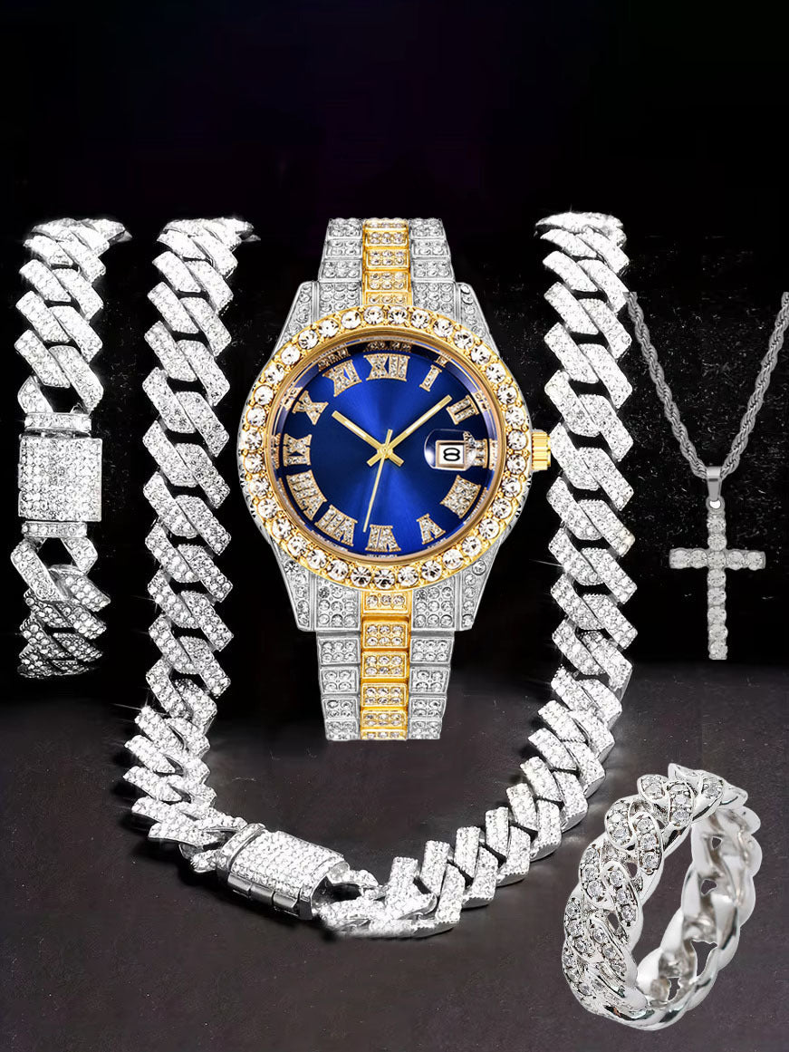 Hiphop Hip Hop Diamond Watch Five-Piece Diamond Cuban Chain Cross Necklace Cuban Ring Cross Border Wholesale