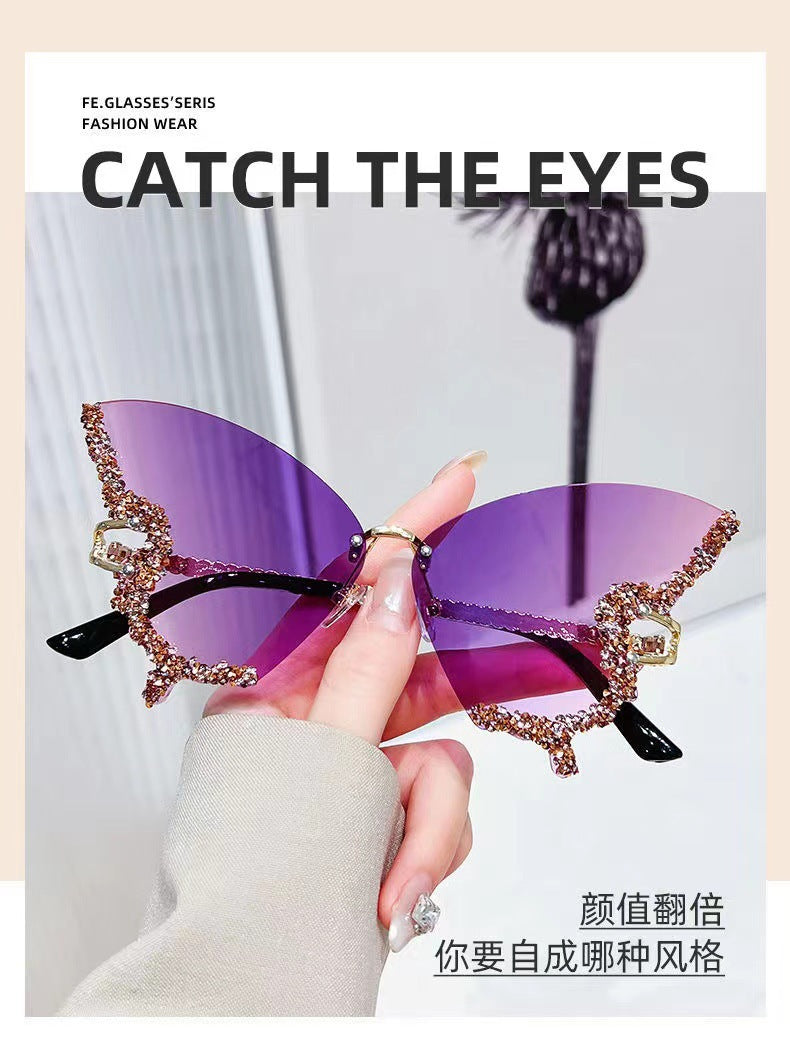 Cross-border New Butterfly Shape Diamond Rimless Sunglasses Women's Fashion Personality Exaggerated Sunglasses European and American Internet Red Broken Diamond