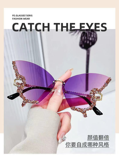 Cross-border New Butterfly Shape Diamond Rimless Sunglasses Women's Fashion Personality Exaggerated Sunglasses European and American Internet Red Broken Diamond