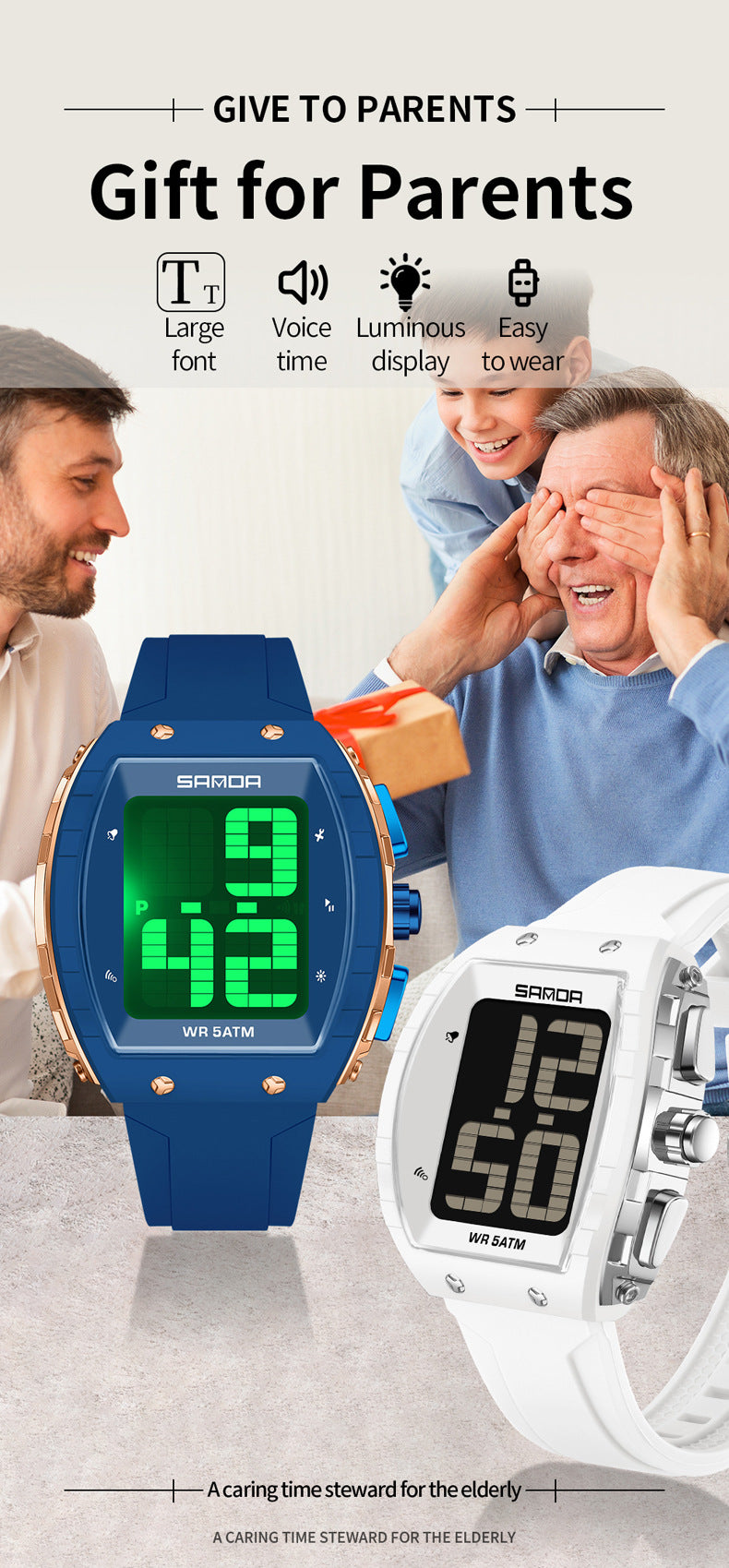 Sanda Elderly Voice Time Watch Large Digital Screen Luminous Multi-Function Watch Waterproof Calendar Digital Watch