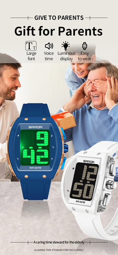 Sanda Elderly Voice Time Watch Large Digital Screen Luminous Multi-Function Watch Waterproof Calendar Digital Watch
