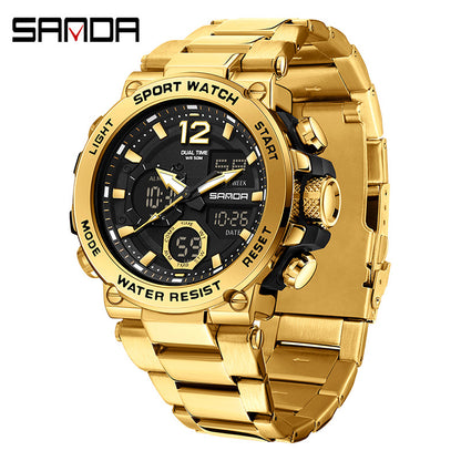 Sanda foreign trade best selling electronic watch fashion business steel band luminous wrist watch multi-functional dual display men's watch wholesale