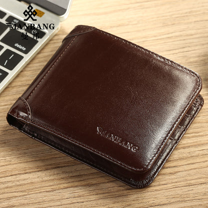 Cross-Border Dropshipping Manbang Men's Wallet Horizontal First-Layer Cowhide Wallet Classic Short 70% off Rifd Anti-Theft Brush
