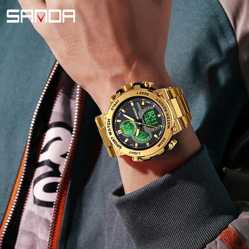 Sanda foreign trade best selling electronic watch fashion business steel band luminous wrist watch multi-functional dual display men's watch wholesale