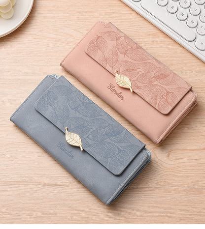Amazon Cross-border Wallet Wholesale European and American Retro Frosted Leaf Buckle Long Clutch Large Capacity
