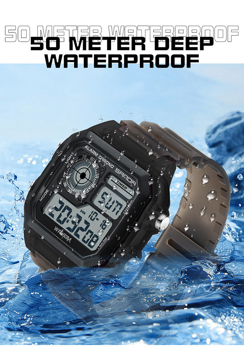 Sanda Hot-selling Square Watch Luminous Waterproof Alarm Student Watch Simple Korean Transparent Sports Electronic Watch