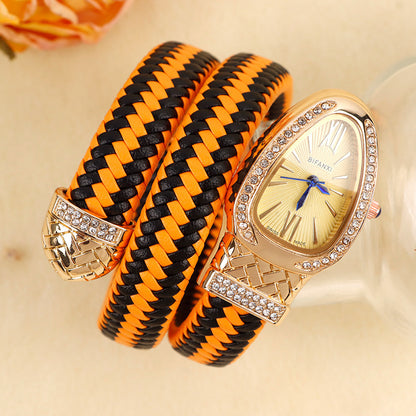 New Cross-Border Snake-Shaped Watch, Fashionable and Creative Personalized Quartz Watch for Women, Diamond-Encrusted Leather Strap Bracelet, Fashionable Watch