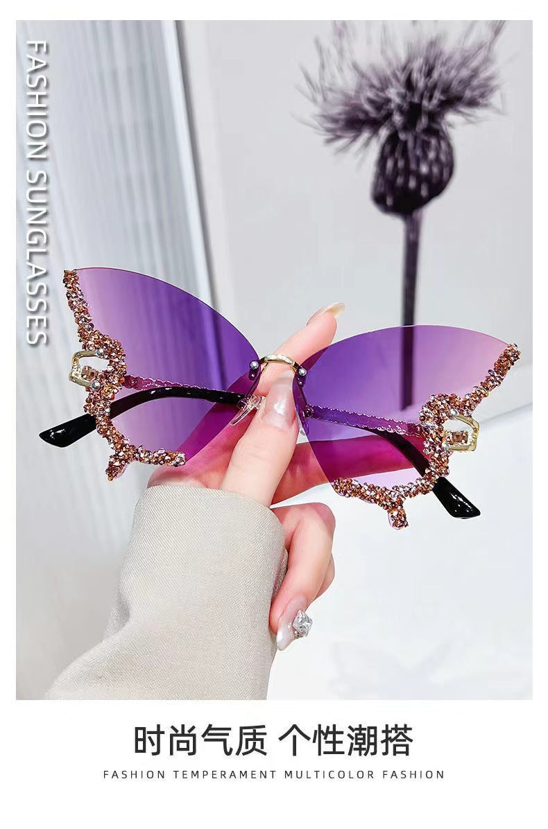 Cross-border New Butterfly Shape Diamond Rimless Sunglasses Women's Fashion Personality Exaggerated Sunglasses European and American Internet Red Broken Diamond