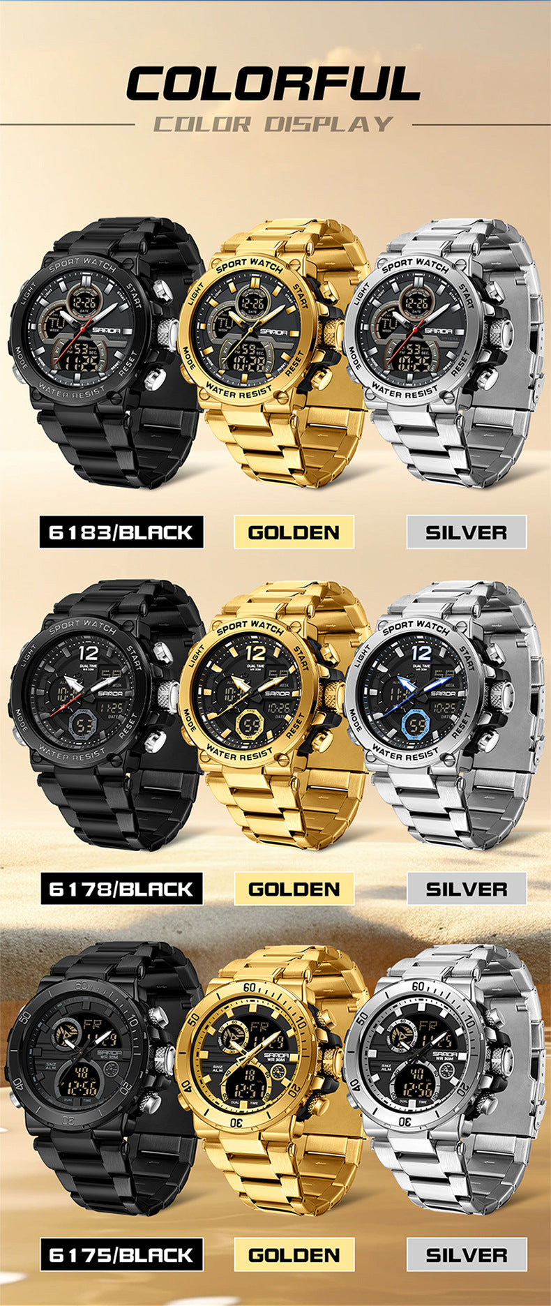 Sanda foreign trade best selling electronic watch fashion business steel band luminous wrist watch multi-functional dual display men's watch wholesale