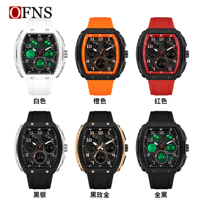 Ofns Fashion Watch Sports Waterproof Watch Barrel-Shaped Multi-Function Luminous Dual-Time Student Digital Watch
