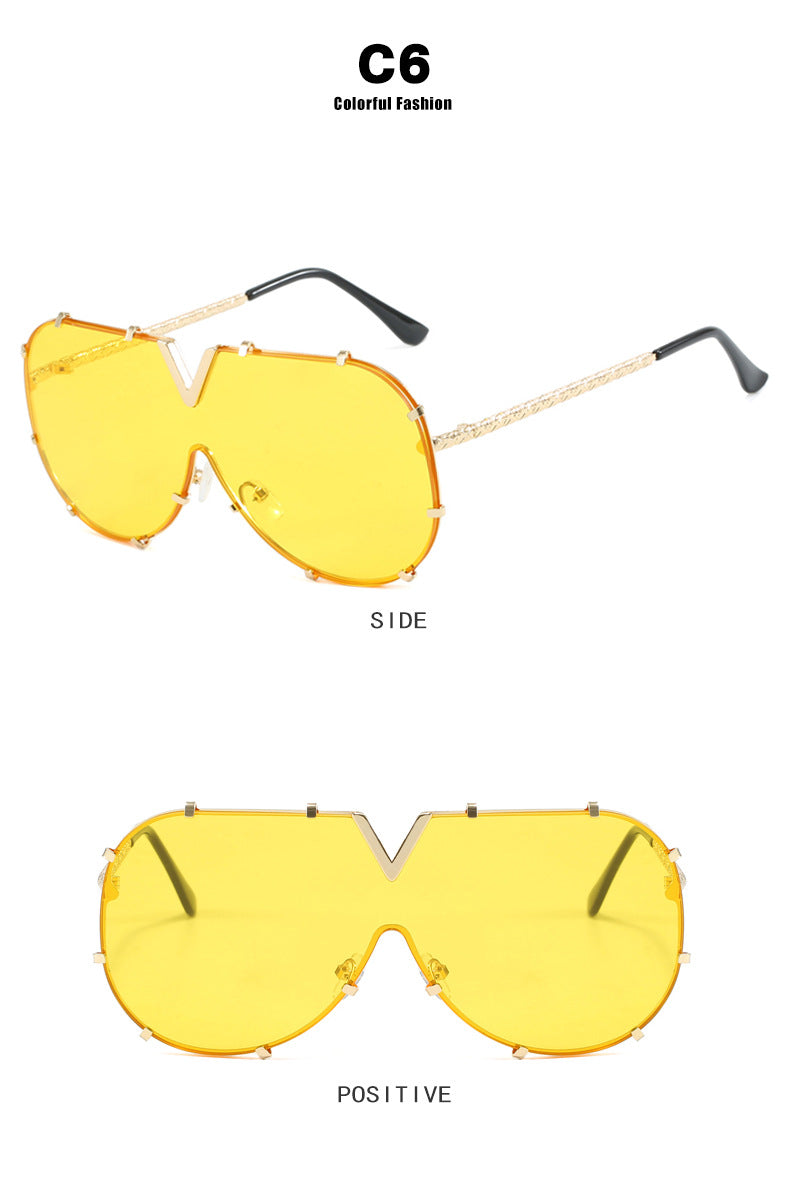 Fashion Metal One-Piece Sunglasses 2024 New Cross-Border European and American V Large Frame Sunglasses Ins Internet Celebrity Sunglasses