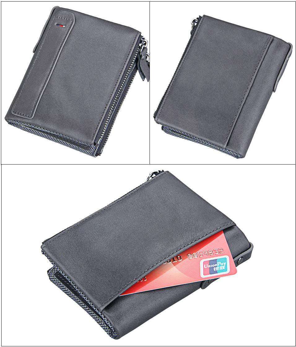 Crazy Horse Cowhide Men's Wallet RFID Anti-theft Brush Cowhide Short Men's Ticket Clip Wallet Double Zipper Coin Purse