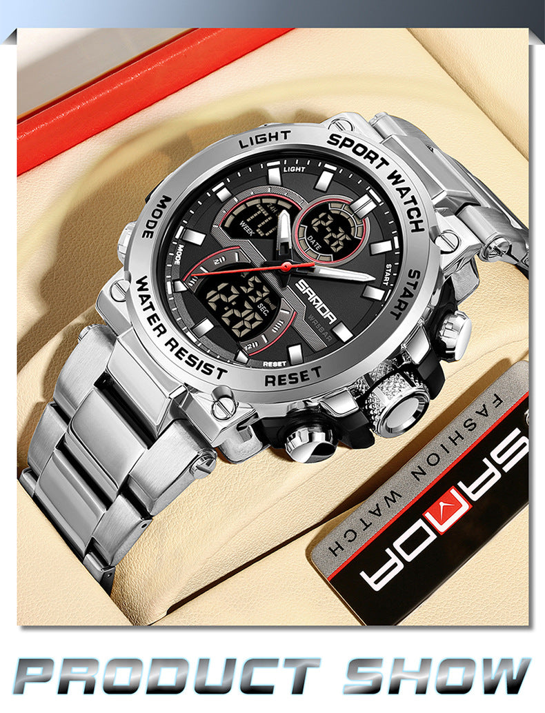 Sanda foreign trade best selling electronic watch fashion business steel band luminous wrist watch multi-functional dual display men's watch wholesale