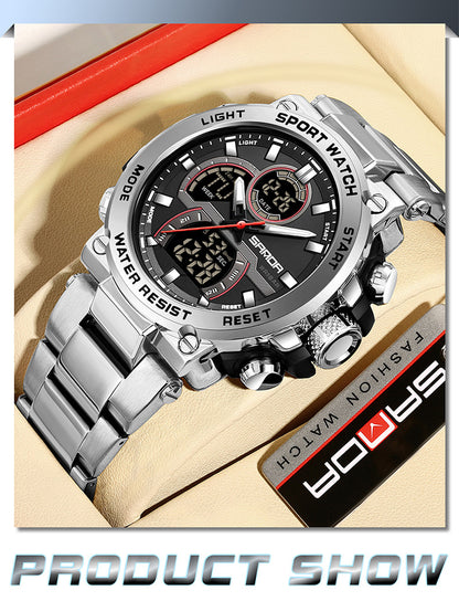 Sanda foreign trade best selling electronic watch fashion business steel band luminous wrist watch multi-functional dual display men's watch wholesale