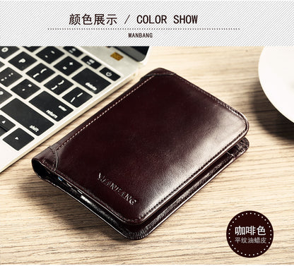 Cross-border delivery Manbang wallet oily leather short first layer cowhide wallet classic tri-fold RIFD anti-theft wallet