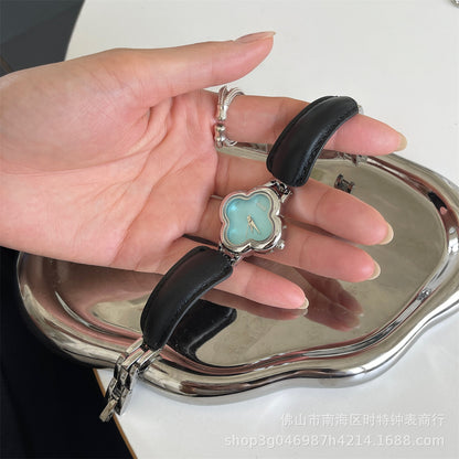 IEKE Fashion Light Luxury Four-leaf Clover Small Chanel Style Leather Bracelet Watch Women's Wristwatch High-end Light Luxury Internet Celebrity Hair