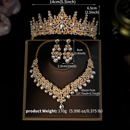 European and American Bride Jewelry Three-piece Suit High-class Dance Wedding Jewelry Alloy Diamond Crown Necklace Earrings suit