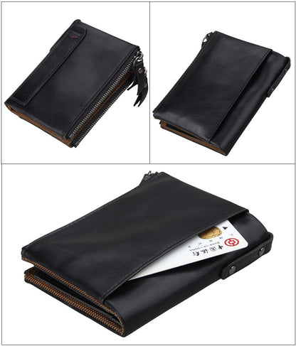 Crazy Horse Cowhide Men's Wallet RFID Anti-theft Brush Cowhide Short Men's Ticket Clip Wallet Double Zipper Coin Purse